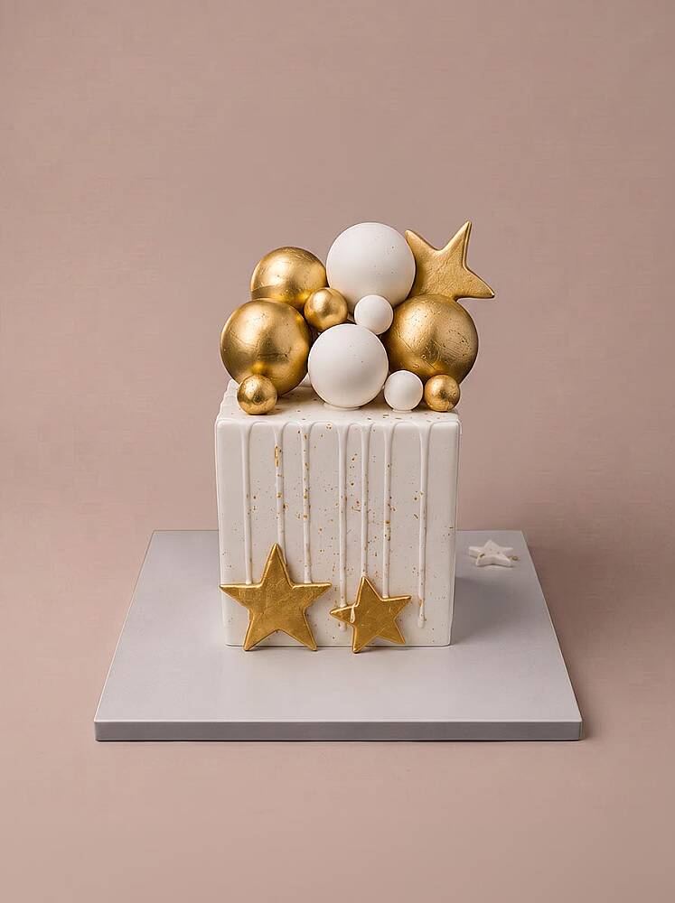 Gold ve Yıldız Süslemeli Küp Pasta - 1